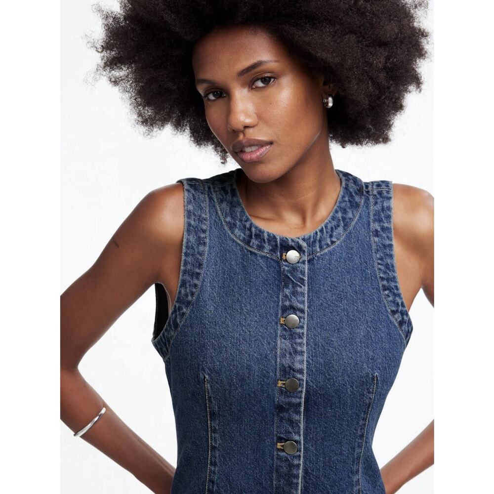 Madewell Denim Harlow Jean Vest Womens 0 Blue Button Front Crew Neck Cotton - Picture 3 of 8